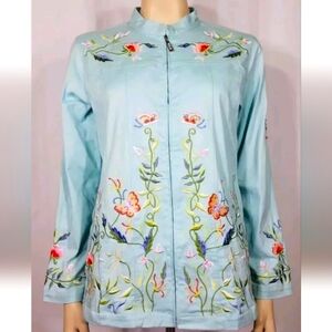 Quacker Factory Jacket L Turquoise Floral Embroidered Sequin Beaded Granny core